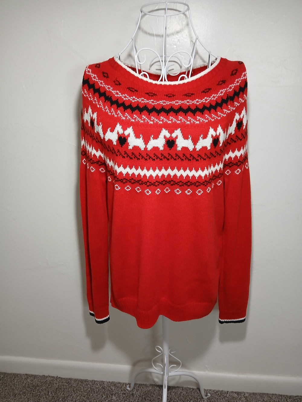 Red Fair Isle Women's S Crewneck Scottie Dog & Heart Holiday Sweater